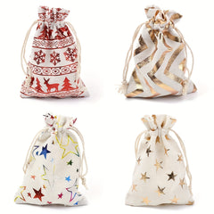 5pcs Christmas Theme Cotton Fabric Bag Drawstring Bags Star Pattern 14x10cm