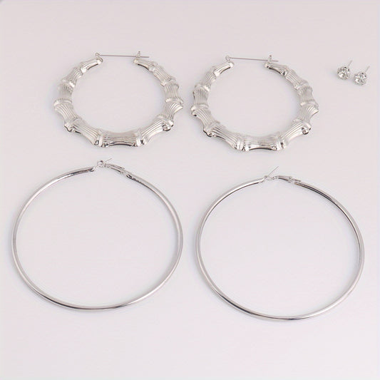 3 Pairs Punk Hoop & Rhinestone Earrings Set Hip Hop Jewelry