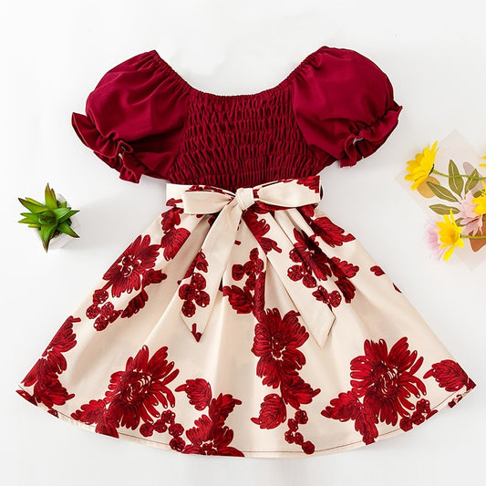 Girls Summer Party Dress Flower Print Puff Sleeves