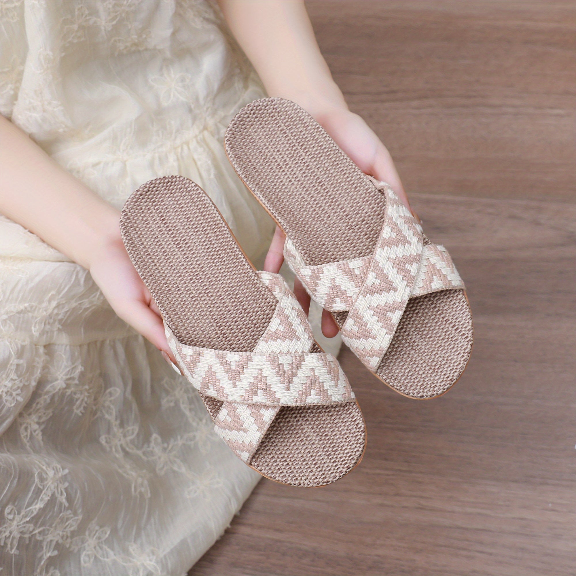 Women's Cross Strap Linen Slides Comfortable Open Toe Slip On Shoes