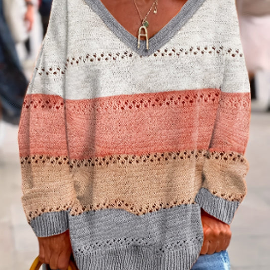  Colorblock V Neck Sweater Long Sleeve