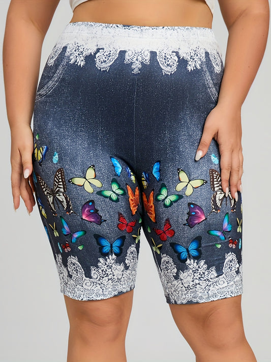 Women's Plus Denim & Butterfly Print High Rise Skinny Shorts