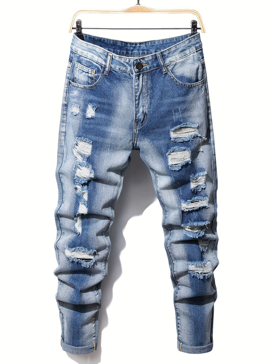 Men's Ripped Straight Leg Jeans Slim Fit Denim Pants