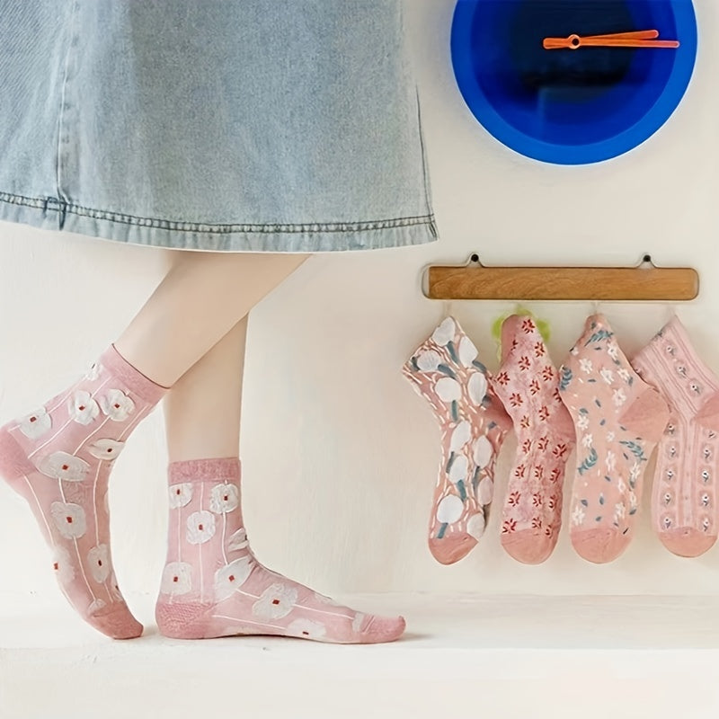 5 Pairs Women's Floral Print Socks Stockings
