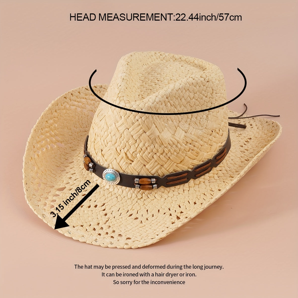 Western Cowboy Straw Hat With Large Wood Beads Turquoise Leather Belt