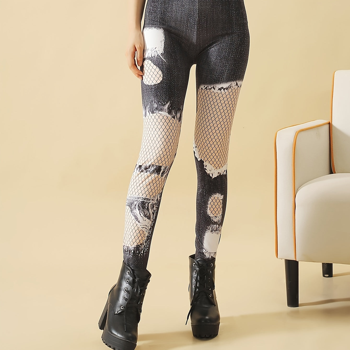 Fishnet Print Tights High Waist Leggings Women's Stockings