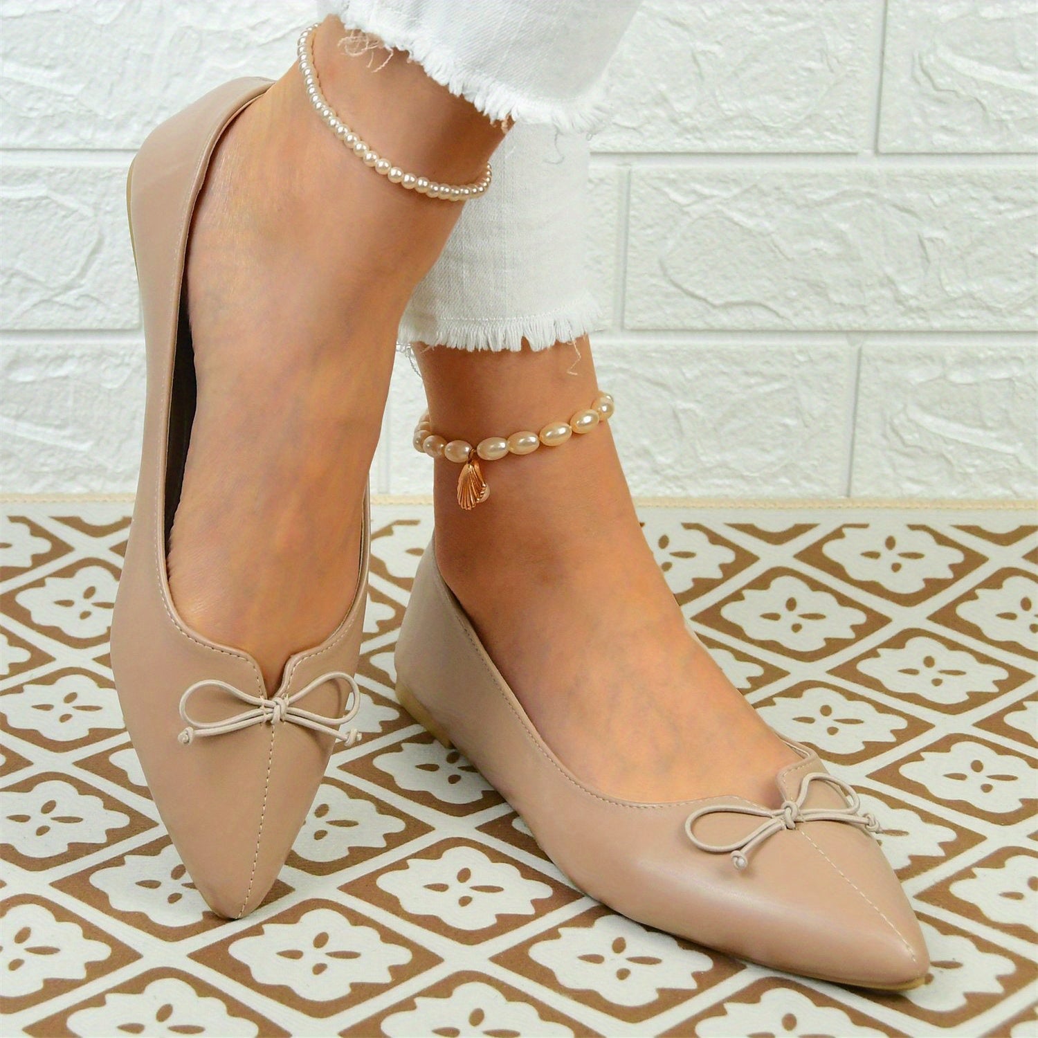 Women's Bowknot Ballet Flats Pointed Toe Slip On Faux Leather Shoes
