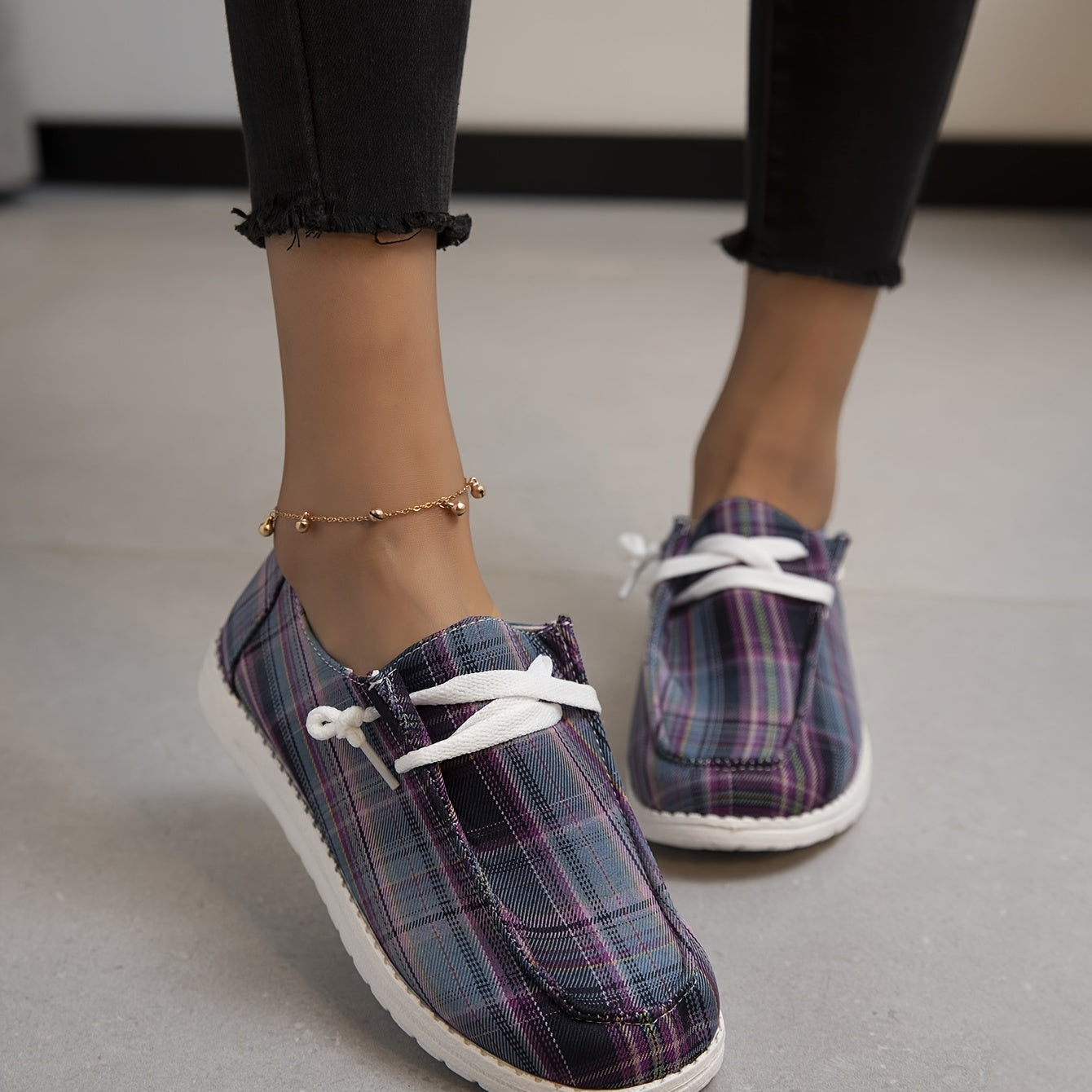 Women's Plaid Canvas Shoes Lace Up Lightweight Comfortable Outdoor Shoes