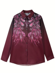 Peacock Print Ombre Button Up Long Sleeve Lapel Collar Shirt Top