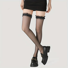 Sheer Mesh Thigh High Stockings Ruffle Over The Knee Socks