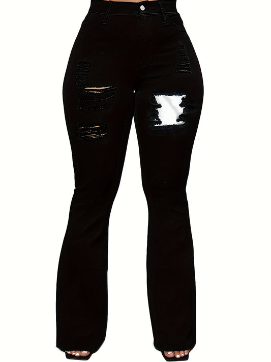 Ripped Holes Flared Jeans Bell Bottom Slim Fit Stretch Distressed Denim Pants