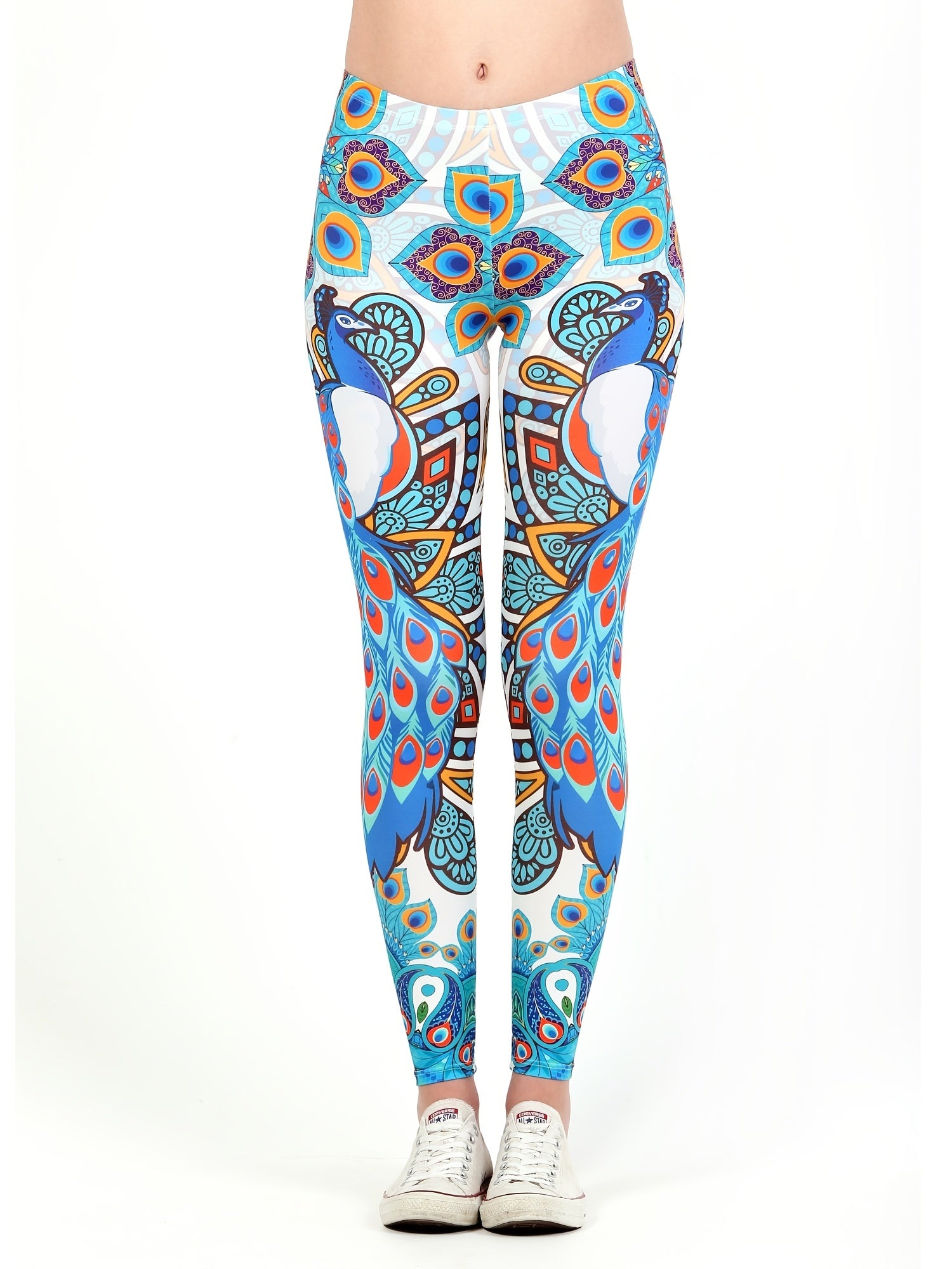 Peacock Print High Waist Leggings Elastic Bottoms Women's Clothing