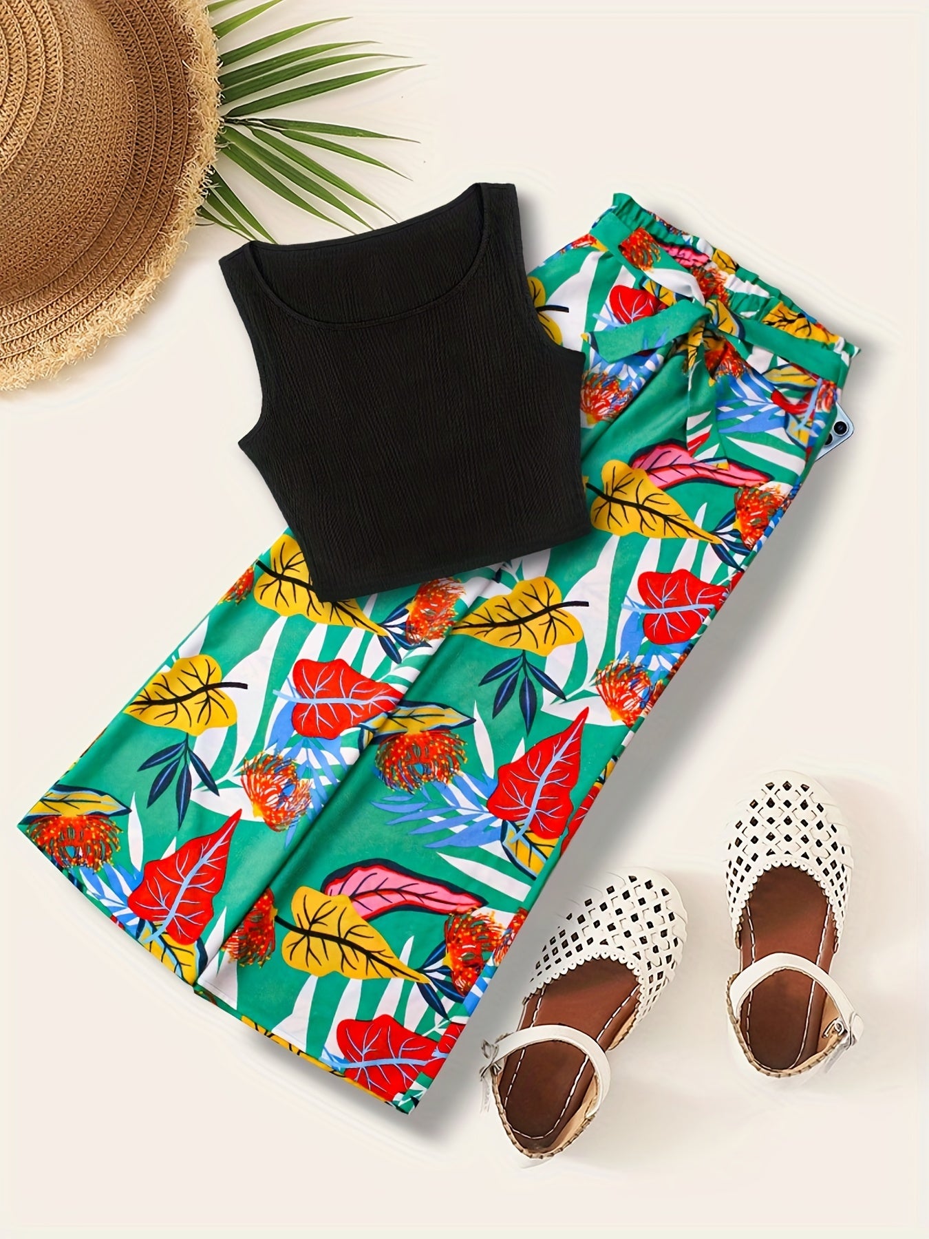 Boho Tank Top & Tropical Print Wide Leg Pants Set