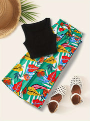 Boho Tank Top & Tropical Print Wide Leg Pants Set