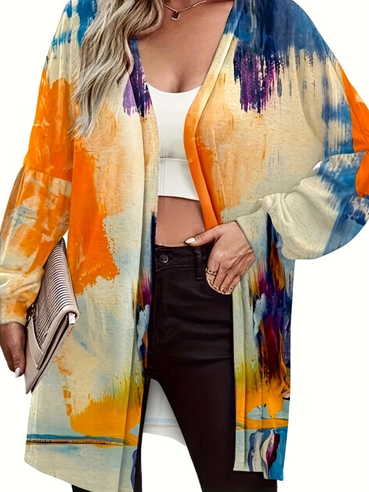  Colorblock Print Long Sleeve Cardigan