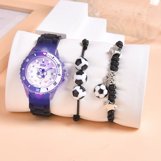 3pcs Boys' Sports Quartz Wristwatch Set Football Style Luminous Display