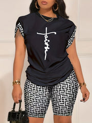 Geo Print Two piece Set Short Sleeve T shirt & Biker Shorts