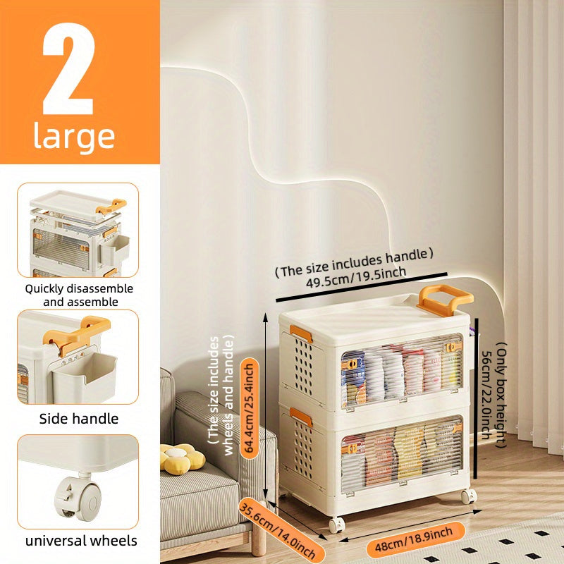 1pc Collapsible 2 3 Tier Plastic Storage Bins With Wheels Stackable