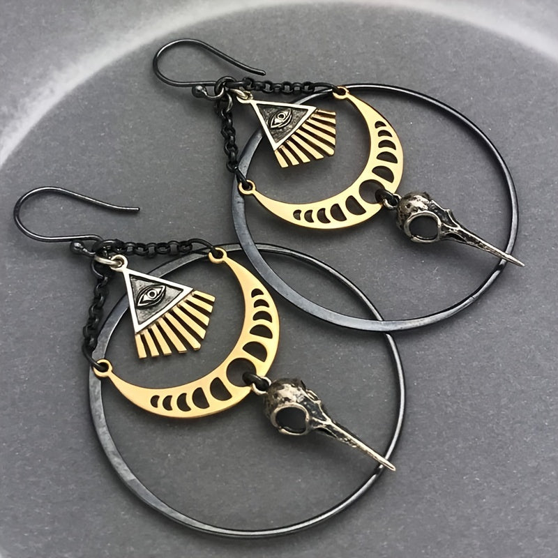 Vintage Moon Crow Evil Eye Big Hoop Earrings Exaggerated Punk Earrings