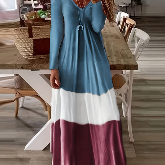  Colorblock Long Sleeve V Neck Maxi Dress