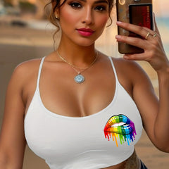 Rainbow Lips Print Cami Sleep Tops Sexy Crew Neck Sleeveless Top