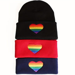 LGBT Rainbow Heart Beanie Hat Gay Pride Love Is Love Embroidered Unisex