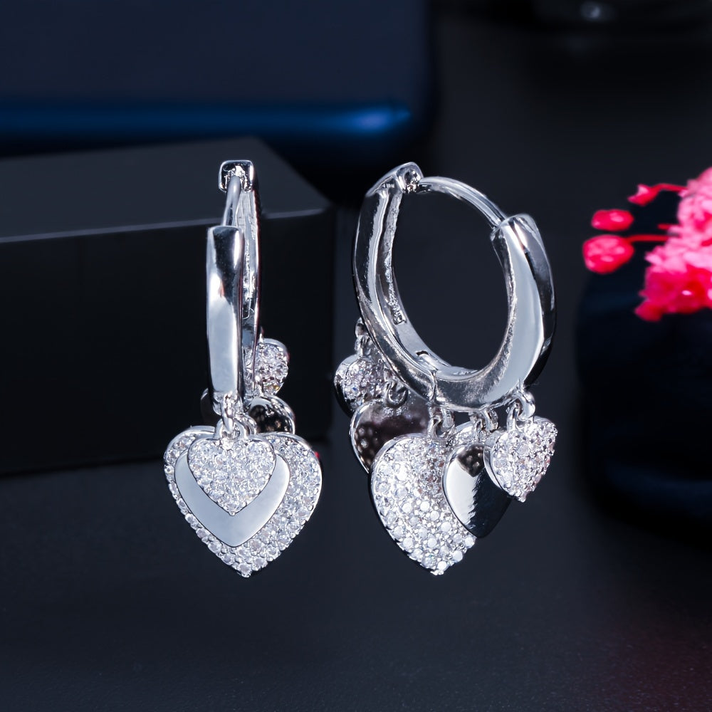 18K Heart Pendant Hoop Earrings with Zirconia, Gift for Her