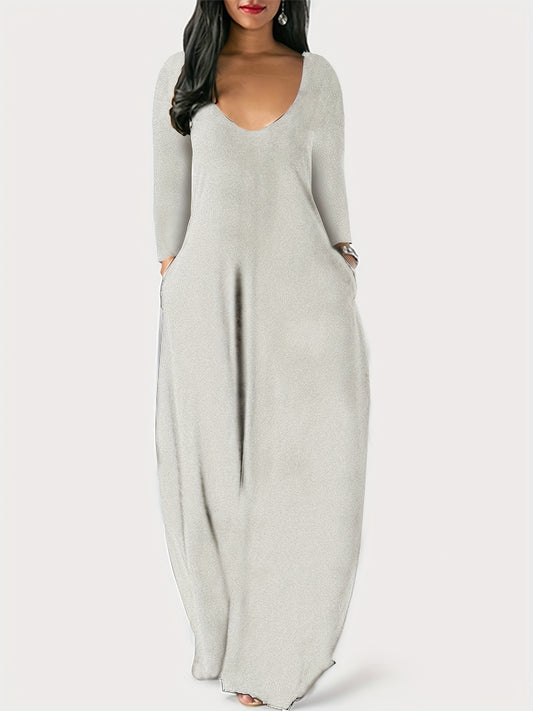  Solid Long Sleeve V Neck Maxi Dress