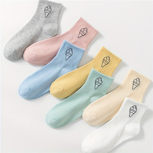 Ice Cream Print Mid Tube Socks, Women's Stockings