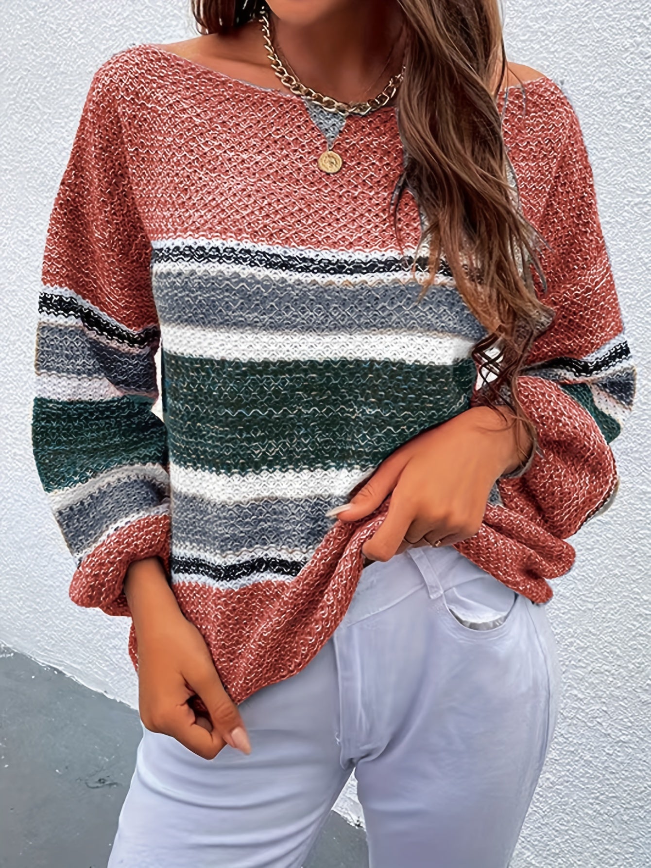  Colorblock Stripe One Shoulder Sweater