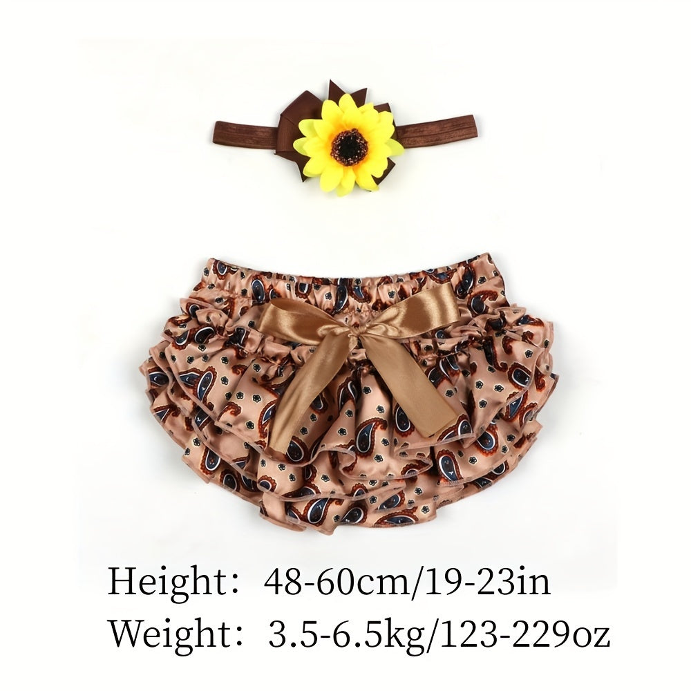 2pcs Baby Shorts Cashew Flower Satin PP Pants Sunflower Headband Set