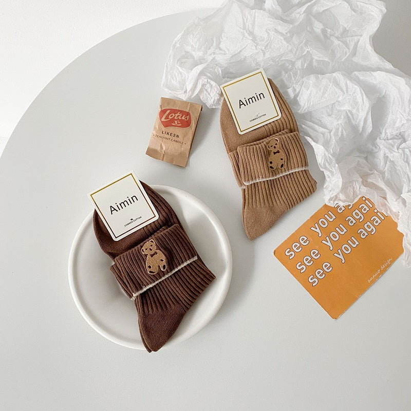 6 Pairs Women's Bear Embroidery Crew Socks