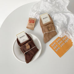 6 Pairs Women's Bear Embroidery Crew Socks