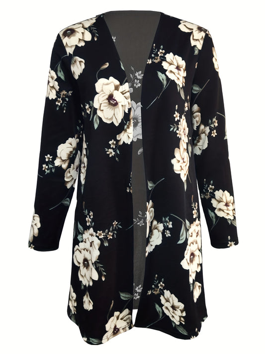 Floral Print Open Front Cardigan Long Sleeve Outerwear