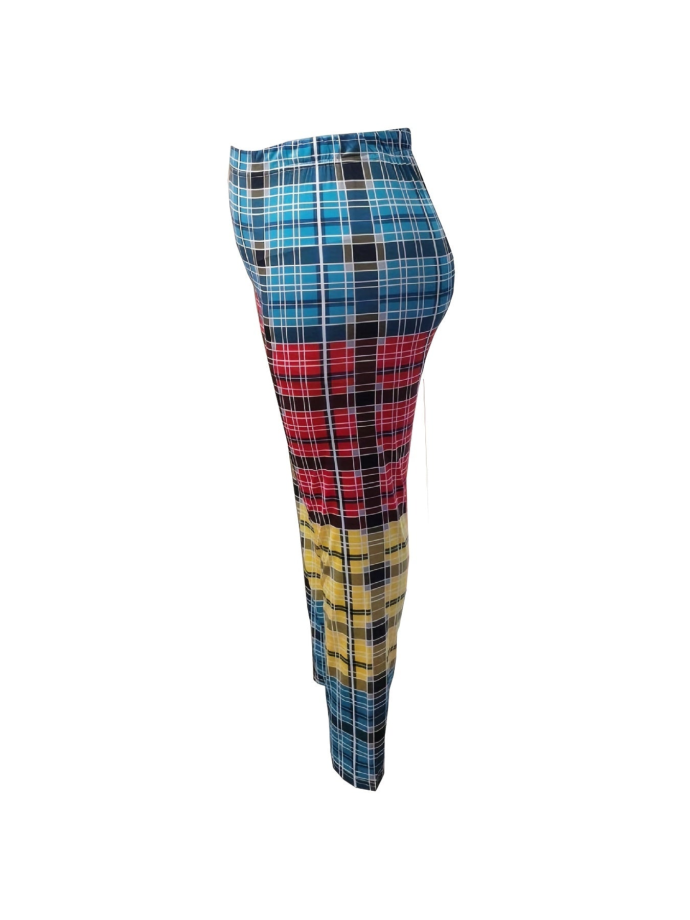  Colorblock Plaid Print Leggings Medium Stretch Elastic Waist