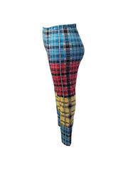  Colorblock Plaid Print Leggings Medium Stretch Elastic Waist