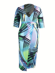  Women's Geometric Print V Neck Dress