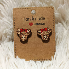 Highland Cow Head Red Bowknot Earrings Retro Bohemian Style