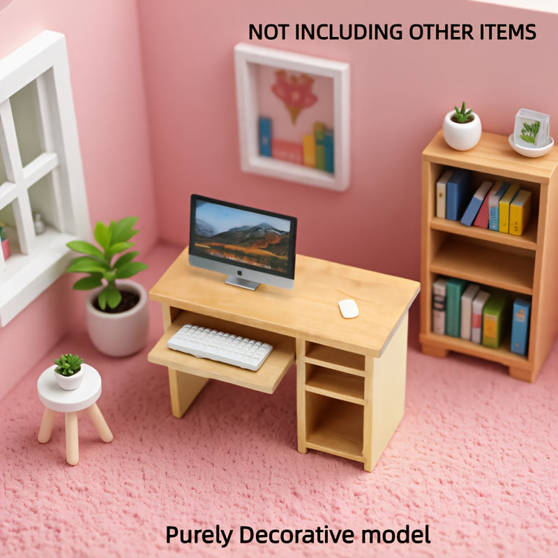 Mini Wooden Computer Desk Set Model Desk with Mouse and Keyboard 1:12 Scale