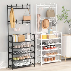 Sturdy Freestanding Metal Coat Rack Shoe Rack w/ Multifunctional Storage Rack