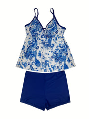 Floral Print Boho Tankini Set Plus Size Women's Strappy Top & Shorts