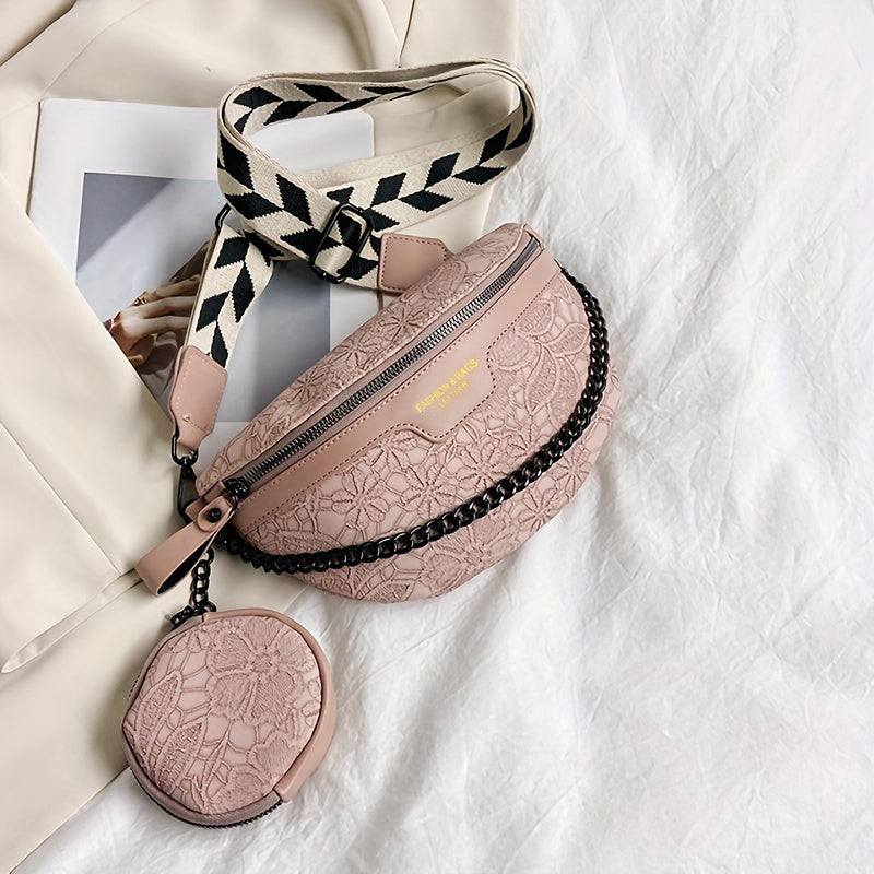 Jacquard Fanny Pack With Coin Purse Chain Decor Chest Bag