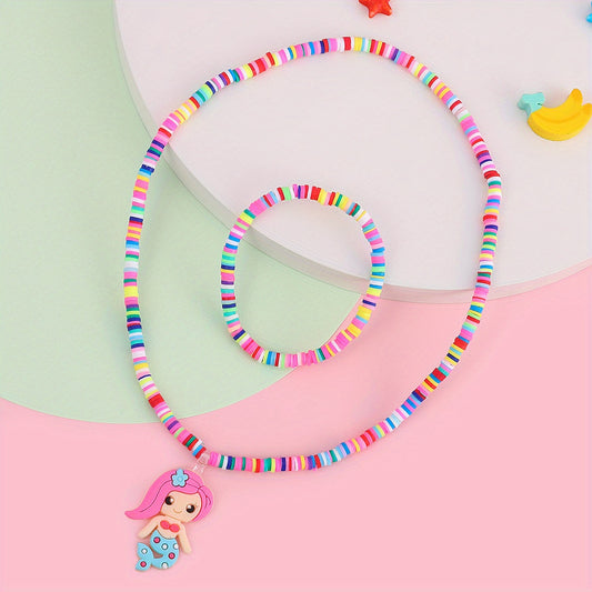 2pcs Mermaid Colorful Beaded Necklace Bracelet Set for Girls