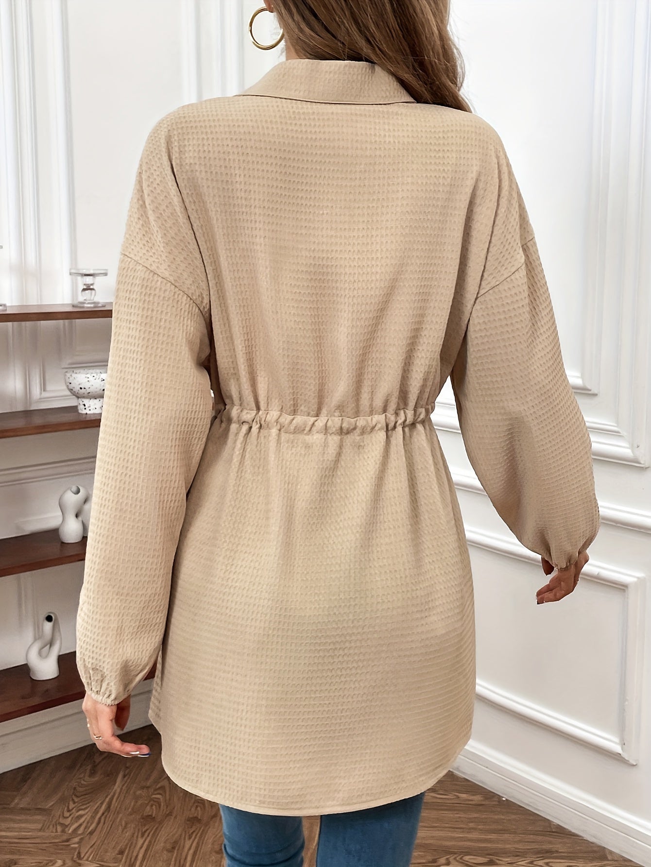  Solid Waffle Drawstring Drop Shoulder Long Sleeve Tunic Shirt Top