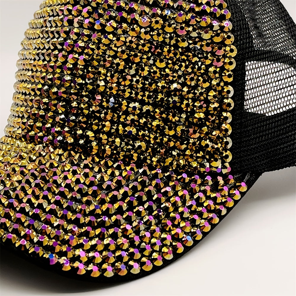 Golden Rhinestone Baseball Cap Mesh Hip Hop Trucker Hat