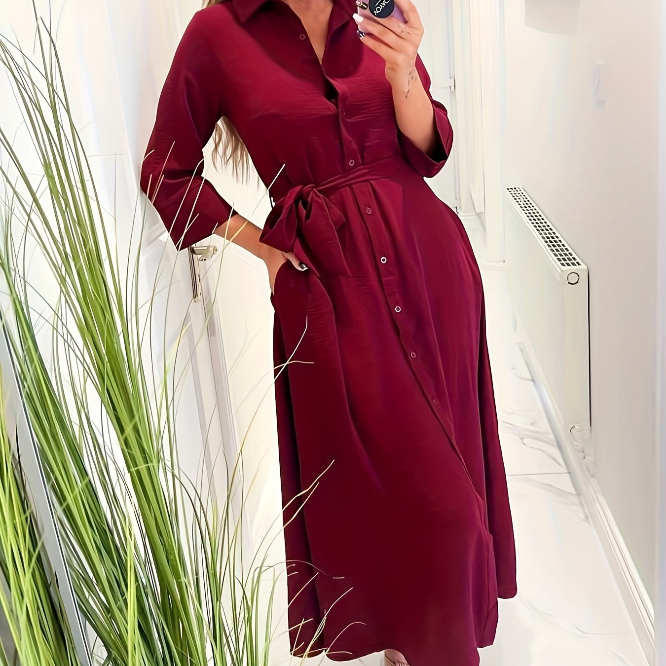  Solid Three Quarter Sleeve Maxi Dress With Belt