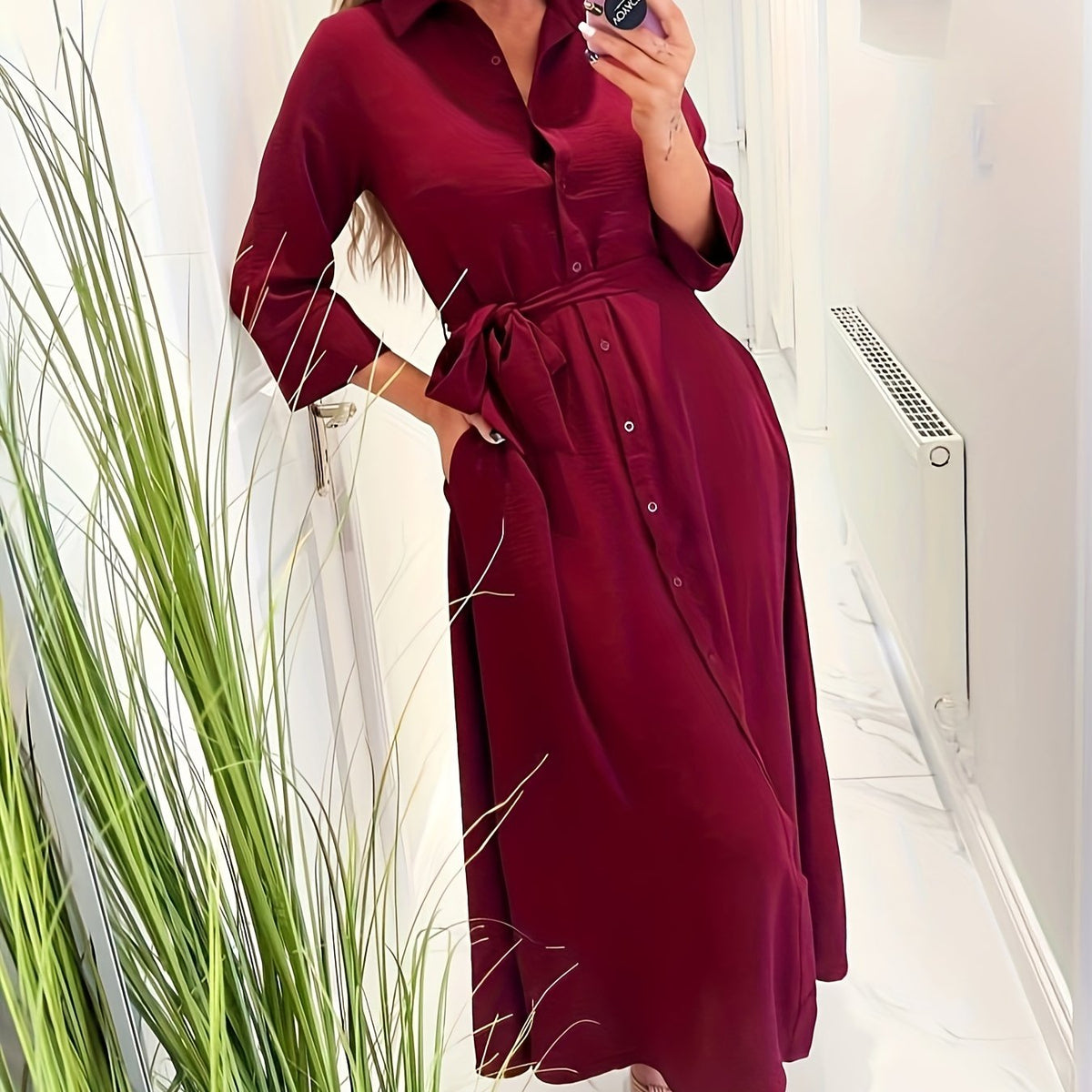  Solid Three Quarter Sleeve Maxi Dress With Belt