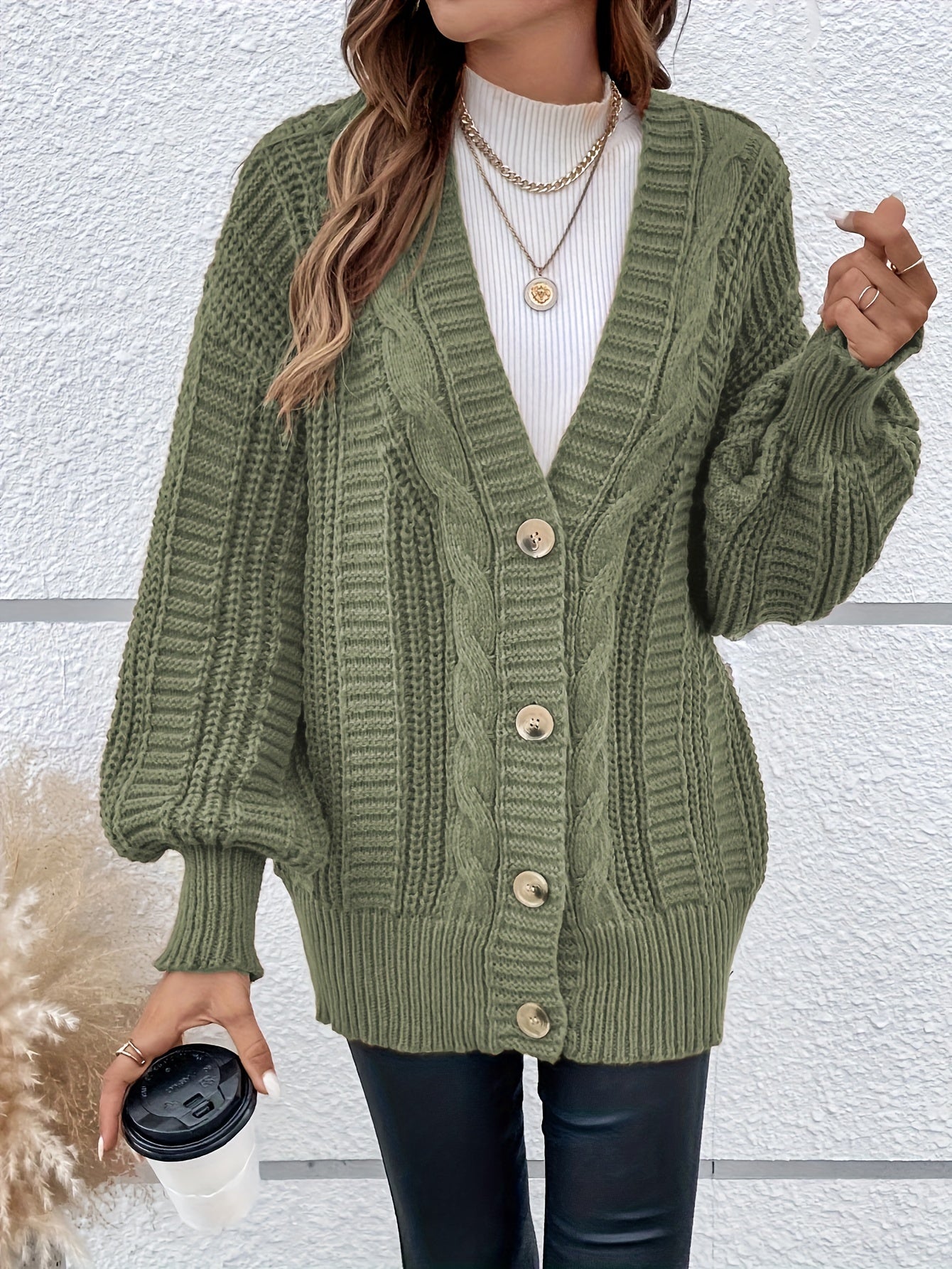 Women's Plus Solid Ribbed Lantern Sleeve Cardigan