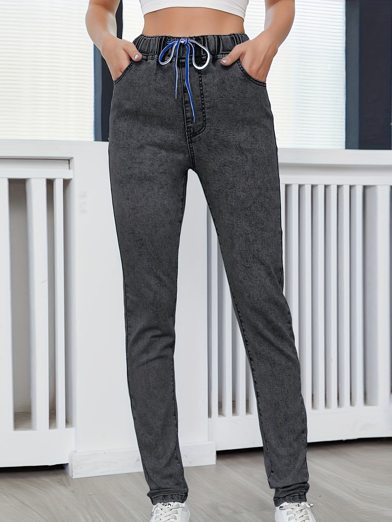 Women's Stretch Drawstring Waistband Slim Fit Denim Pants