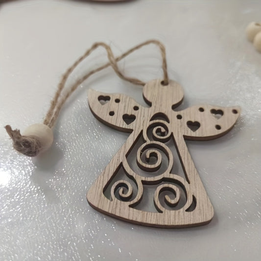 6pcs Wooden Christmas Snowflake Rocking Horse Pentagram Angel Love Tree Decor